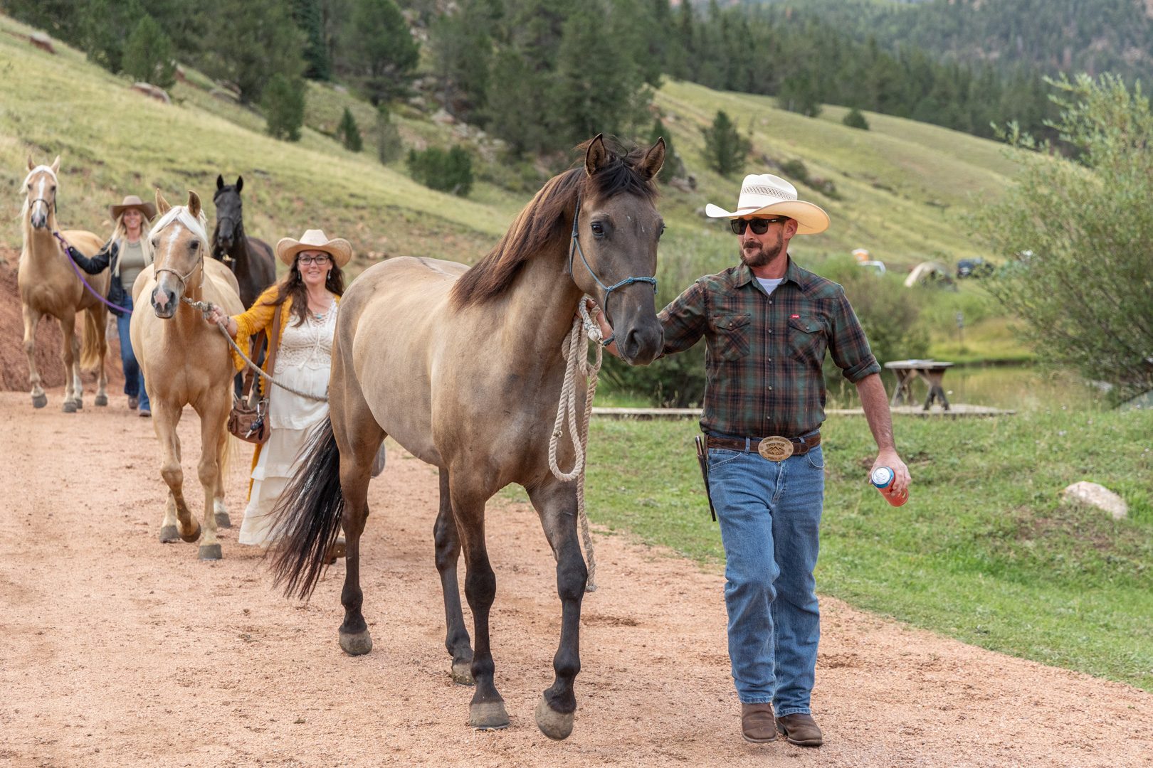 A wrangler leading a buckskin down the ranch lane with the string behind
